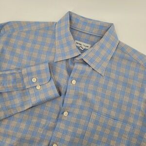 Peter Millar Mens Medium Plaid Button Down Shirt Long Sleeve Blue Tan Cotton